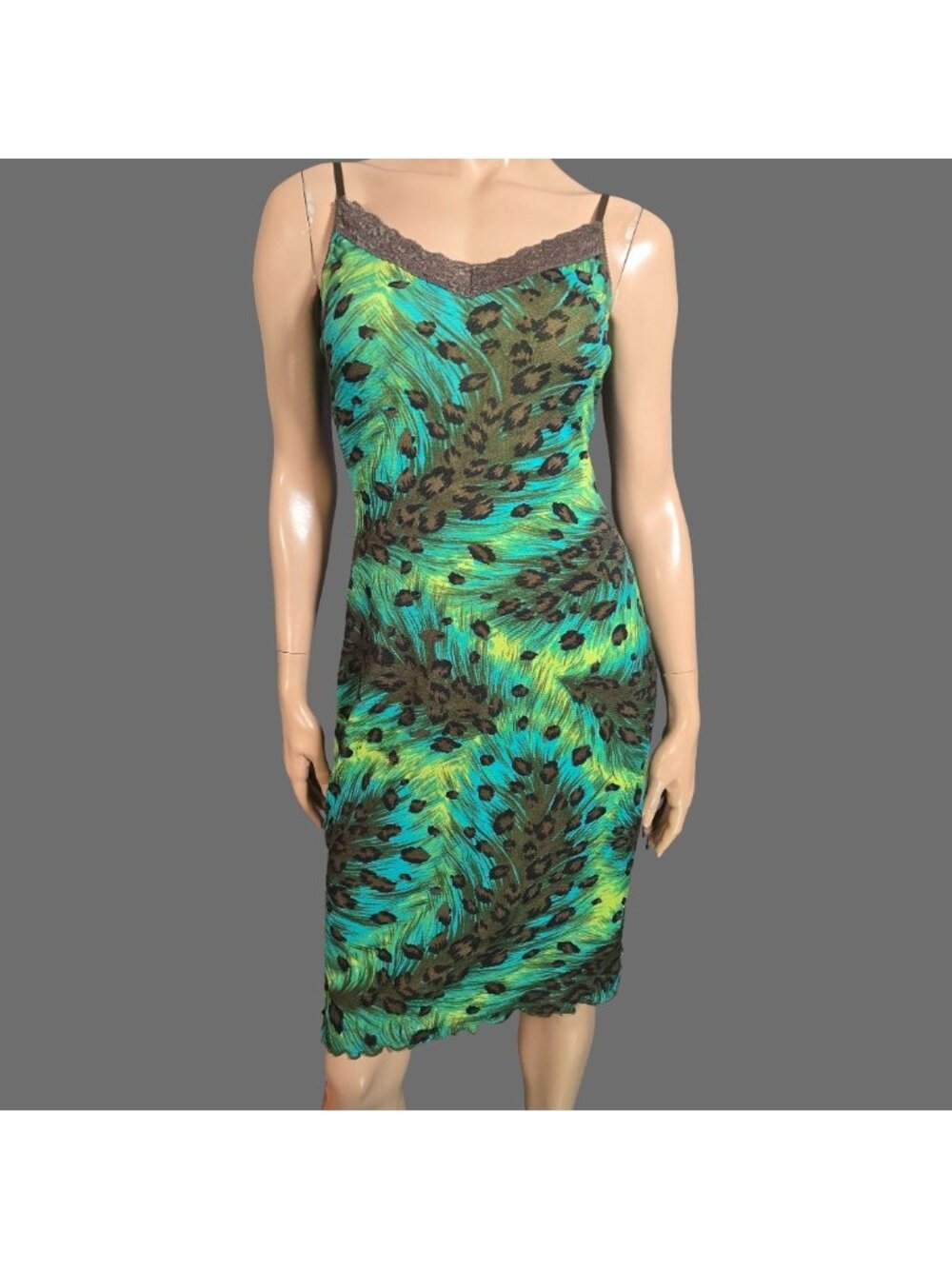 Vintage 90s Y2K GUESS Slip Dress Size M Mesh Animal Print Brown Green Lace Trim